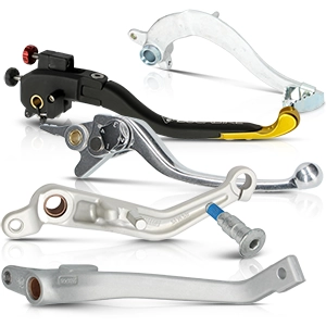 Several motorcycle brake levers in silver, black, and chrome with different designs.